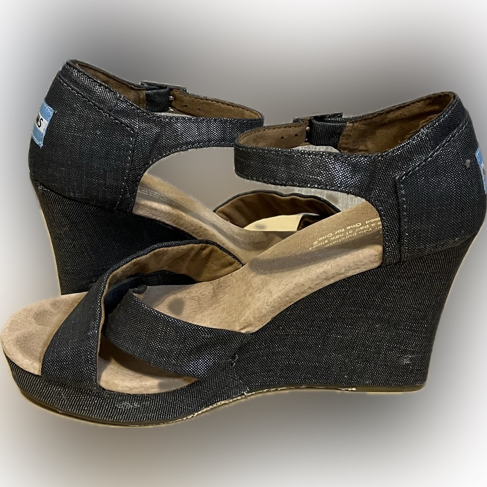 TOMS Sienna Wedge Black Metallic Denim Sandal size 7.5W - Picture 5 of 14